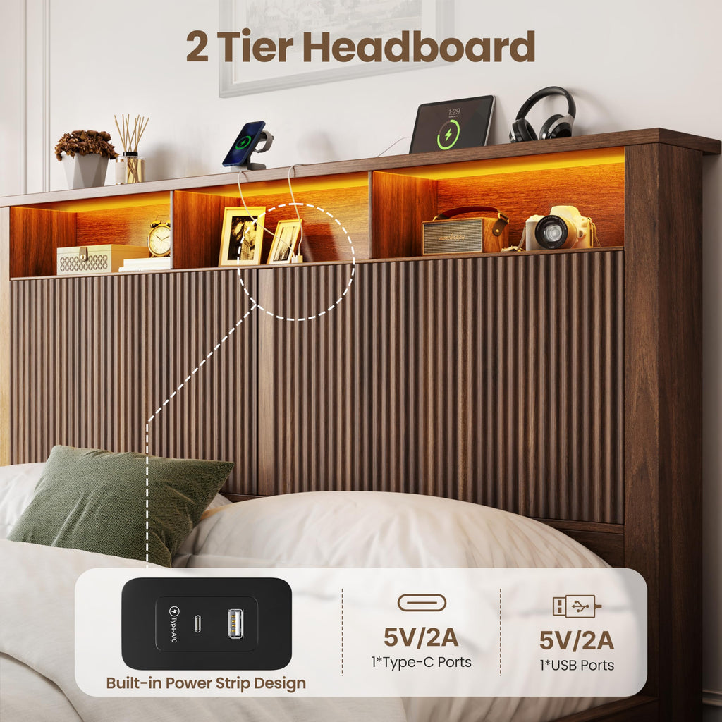 King Size Bed Frame and Headboard & 2 Storage Drawers, Walnut