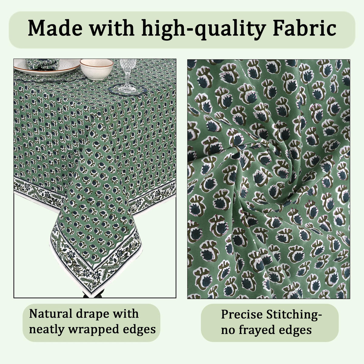 Basil Green, Peacock Blue Hand Block Print Cotton Cloth Dinning Table Cover Wedding Farmhouse Thanks Giving Christmas