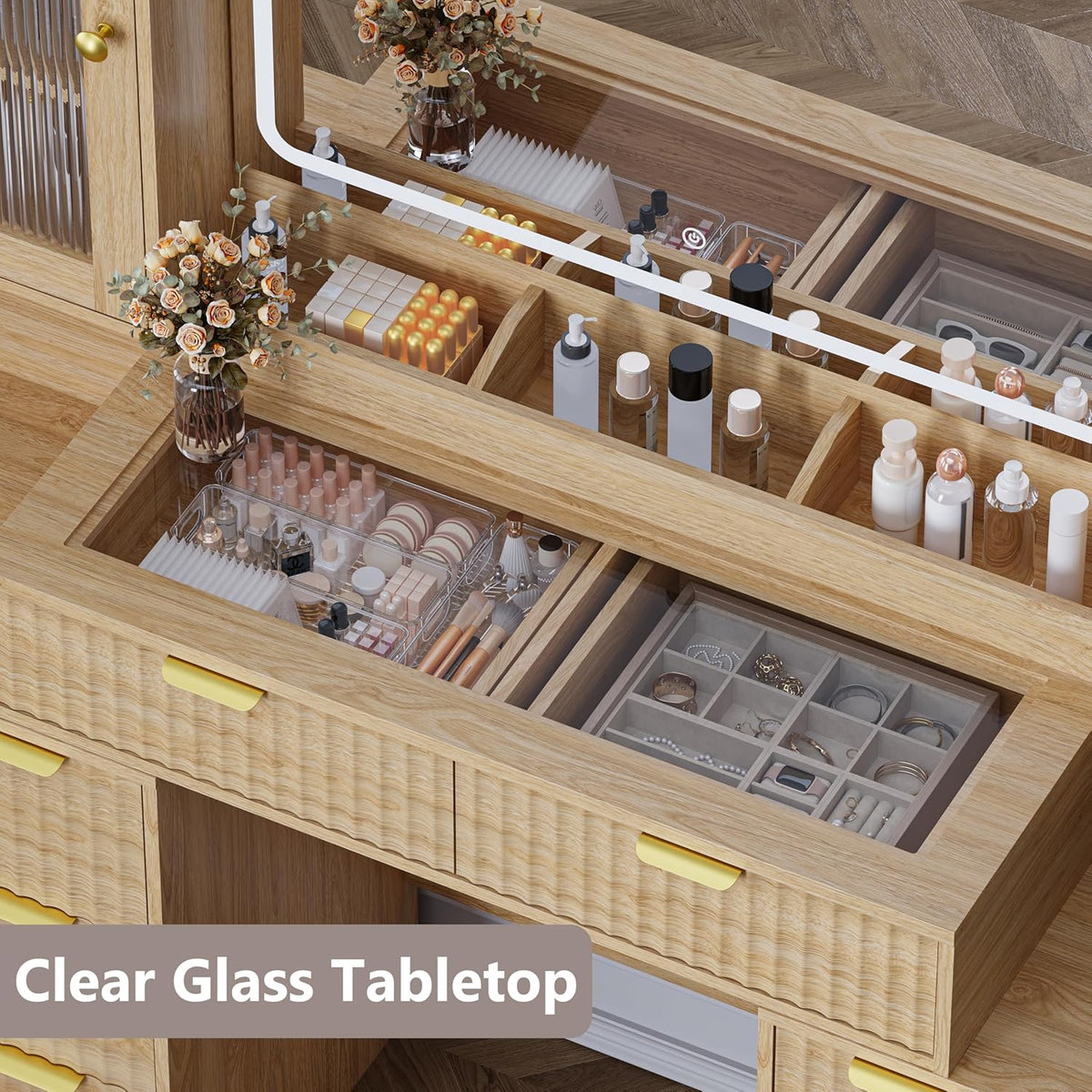 Fluted Makeup Vanity Desk with Mirror and Lights, 55" Glass Top Vanity with 8 Drawers & 4 RGB Glass Cabinets
