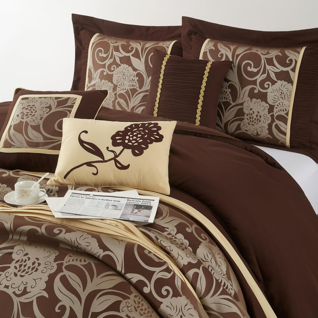 Brown Gold Comforter Set, 7 Piece Jacquard Floral Bedding Set, All Season, Ultra-Soft, Matching Pillows &