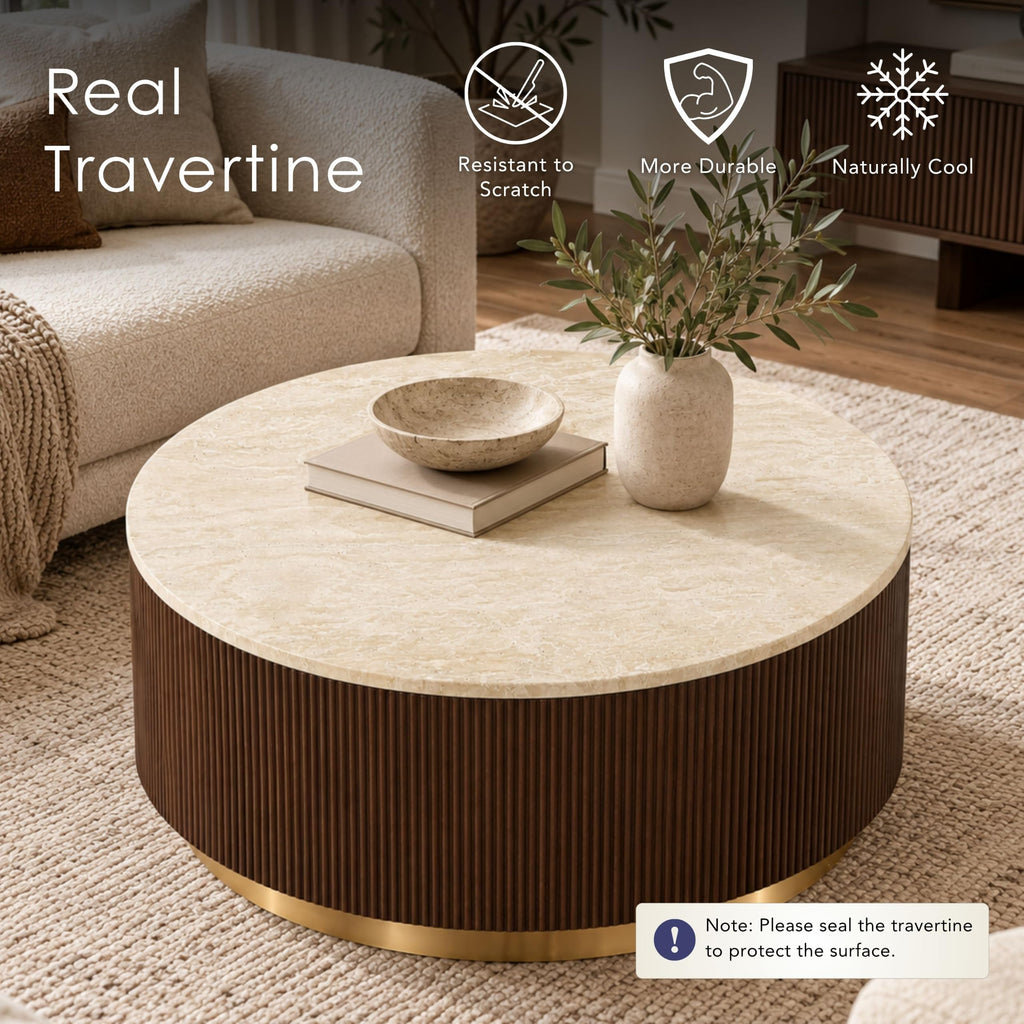 Beryl Travertine Top Coffee Table, Beige and Brown