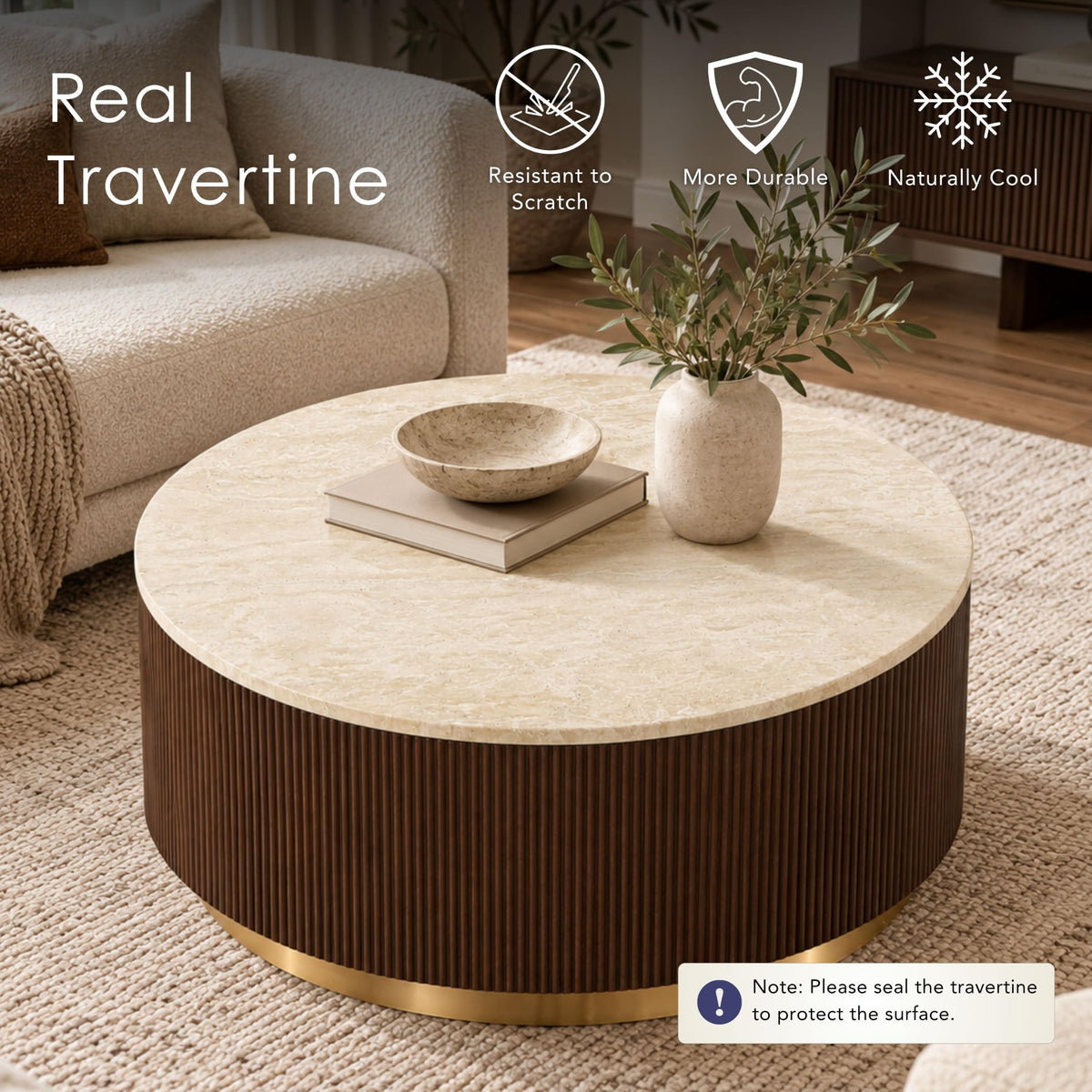 Beryl Travertine Top Coffee Table, Beige and Brown