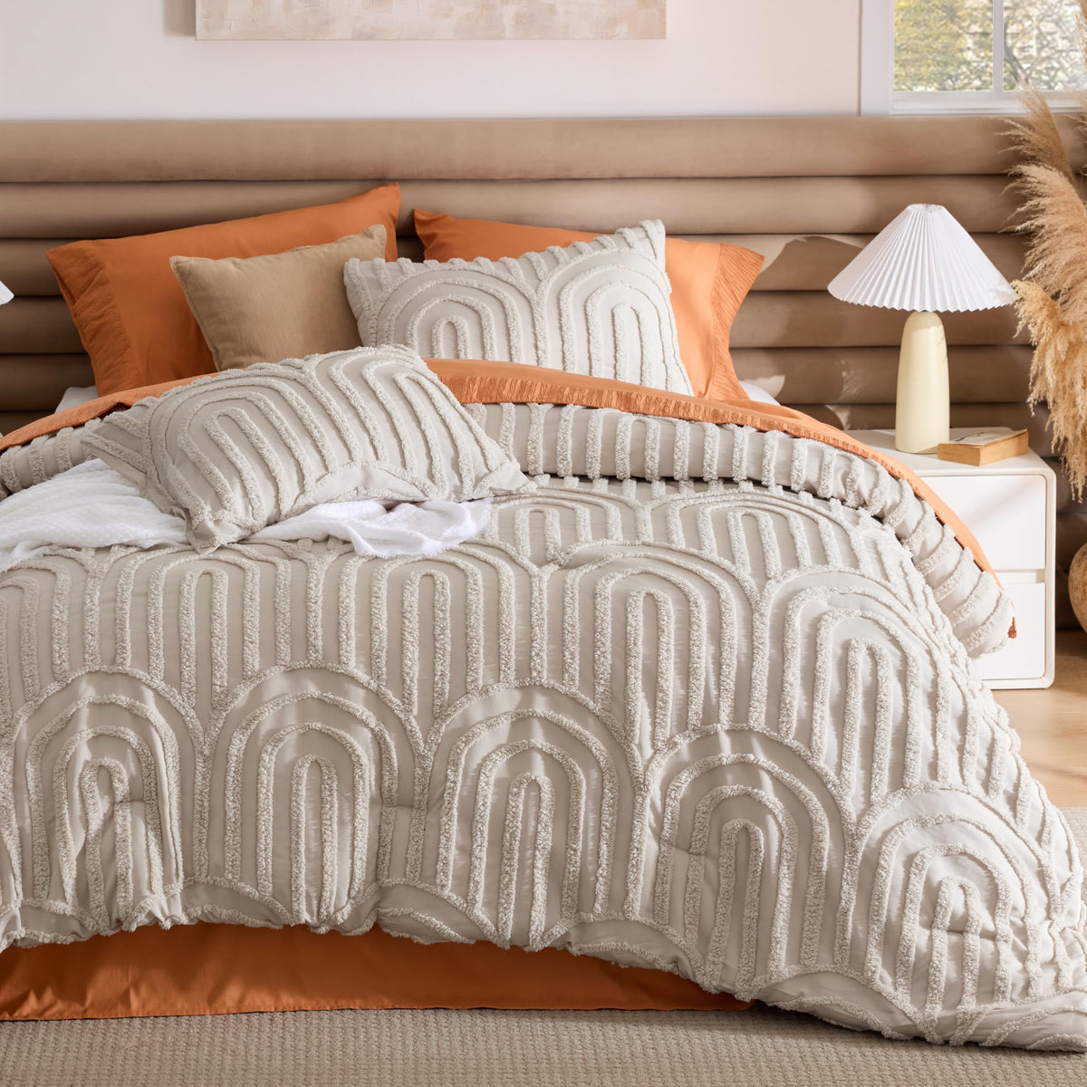Boho Comforter Set Queen, Bedroom Decor Cozy Bedding Set Beige