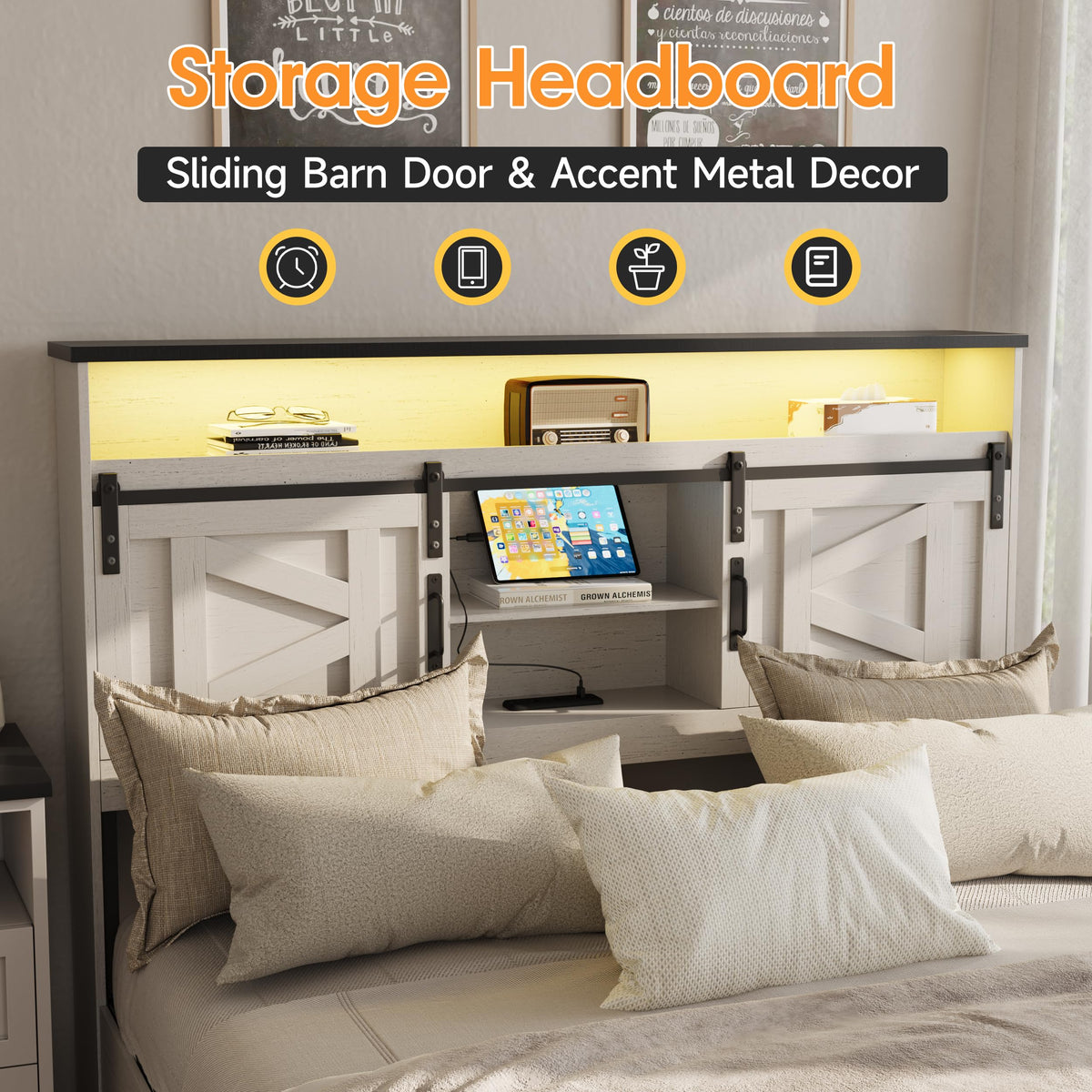 Farmhouse Bed Frame with 4 Drawers and Bookcase Headboard, Sliding Barn Door Storage Shelves, LED Lights