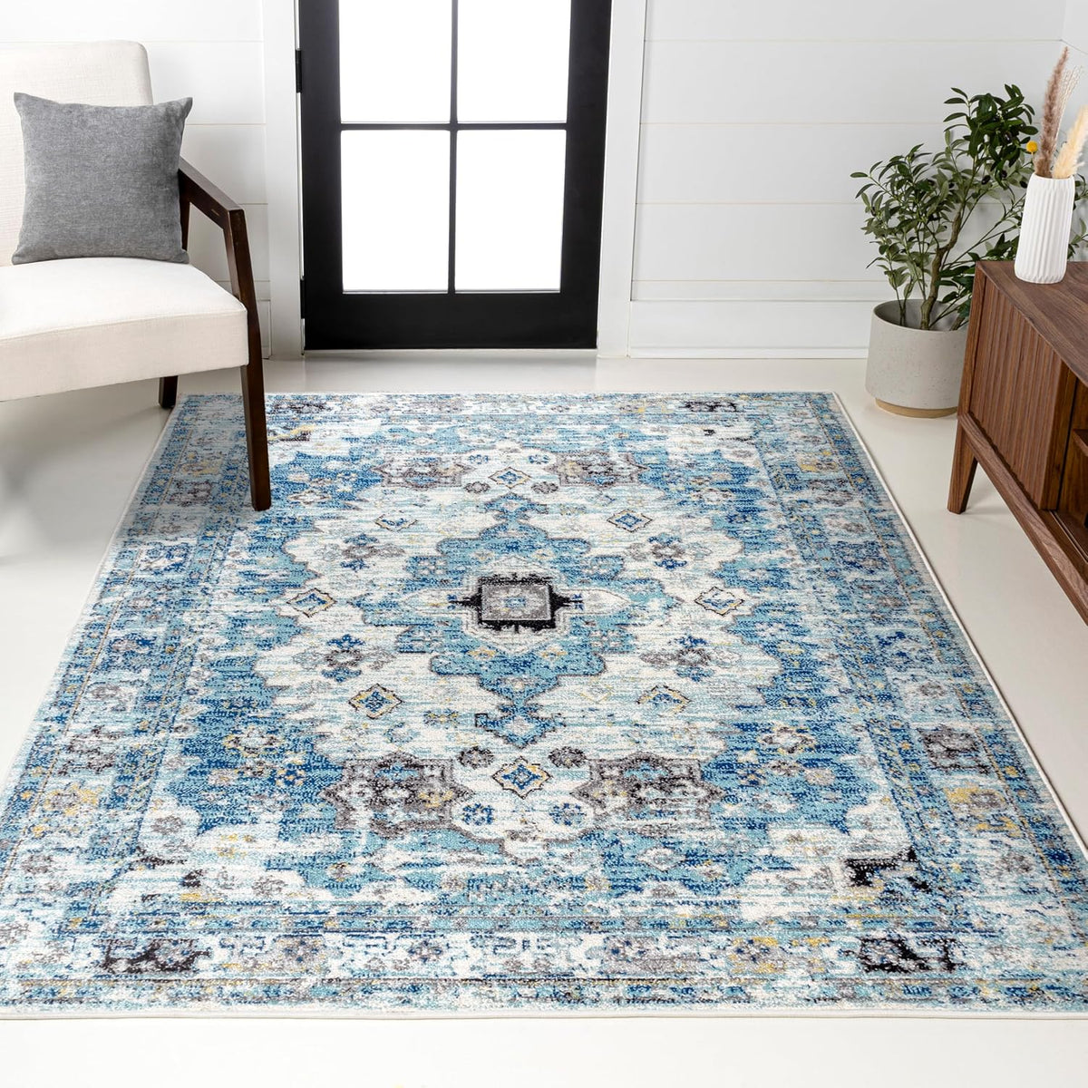 Modern Boho Vintage Medallion Cream/Blue Indoor Area Rug, Bohemian, Traditional, Easy-Cleaning, Pet Friendly