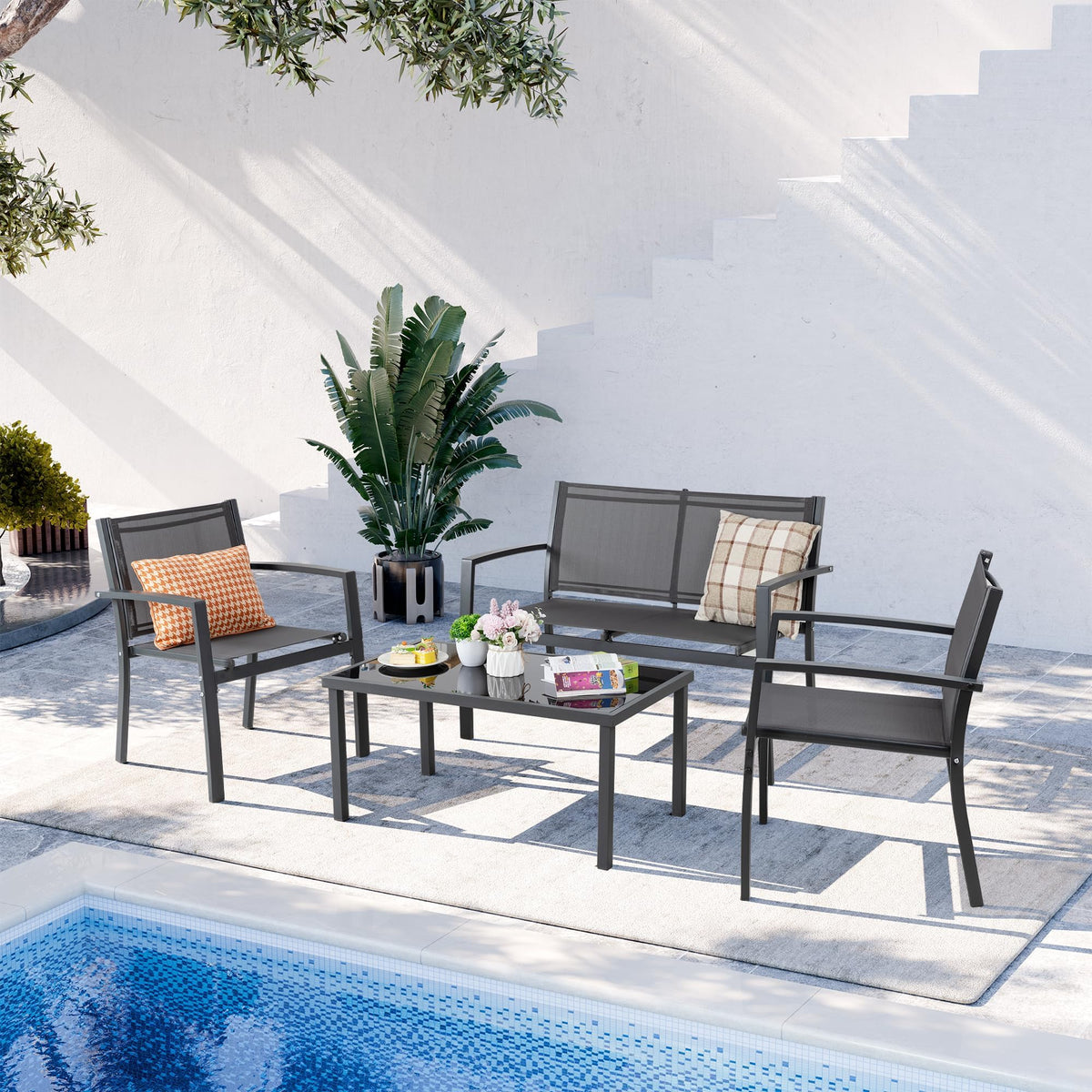 4 Pieces Patio Furniture Set All Weather Textile Fabric Outdoor Conversation Set, with Glass Coffee Table, Loveseat