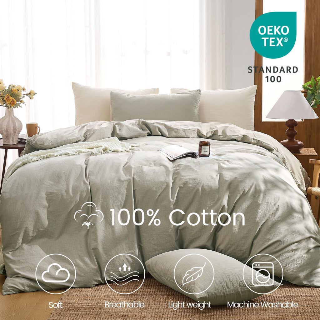 100% Washed Cotton Wave Jacquard Ripple Duvet Cover 3-Pieces Set, Solid, Boho Style, Comfortable