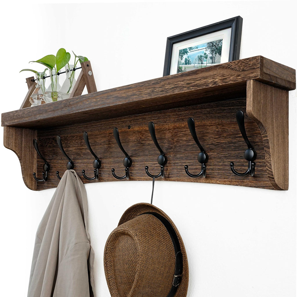 Rustic Coat Rack Wall Mount with Shelf, 35" Long Wall Shelf with Hooks Underneath, 7 Triple Hooks for Hanging