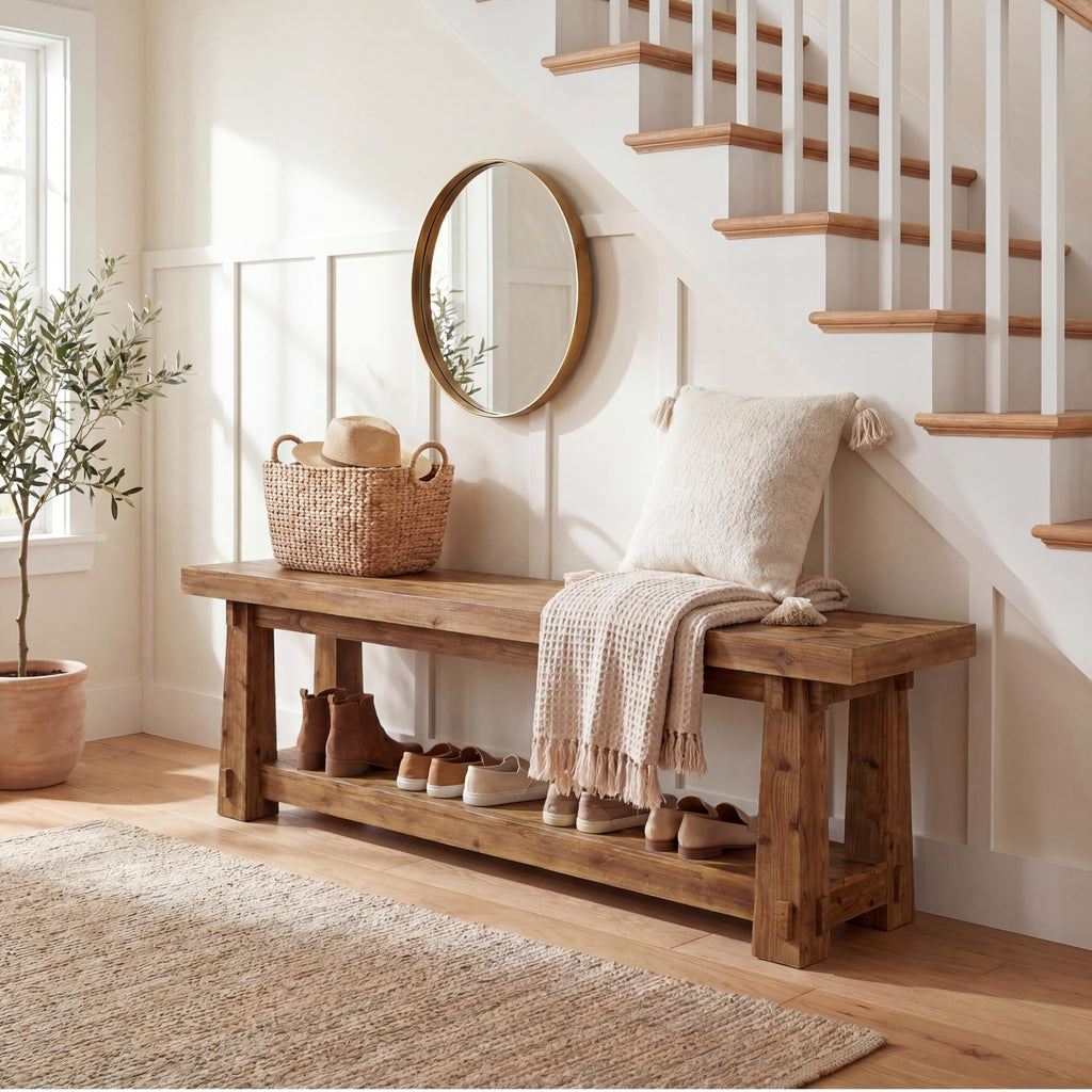 55'' Solid Wood Entryway Bench with Shoe Storage, Rustic Brown