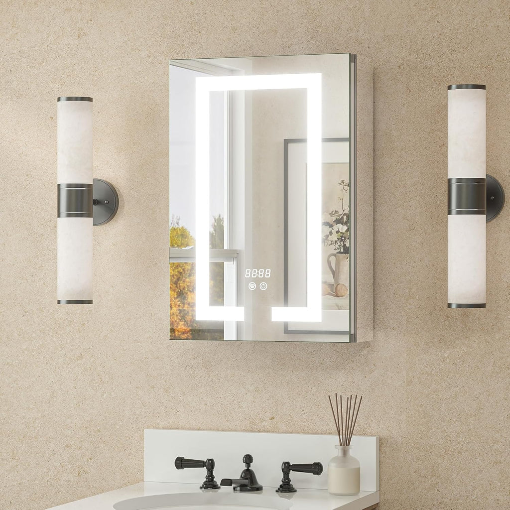 LED Lighted Medicine Cabinet Mirror with Tempered Glass 16 x 24 Recessed or Surface Mount Bathroom Cabinet with