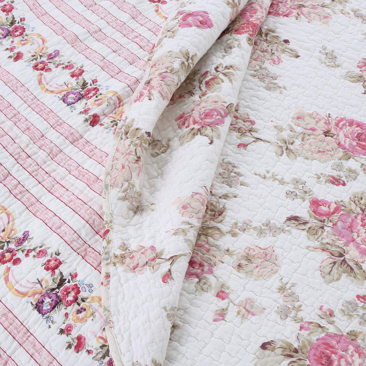 Josephine Spring Peony Pink Ivory Floral Shabby Chic Reversible 100% Cotton Quilted Throw Blanket 60" x 50" Machine