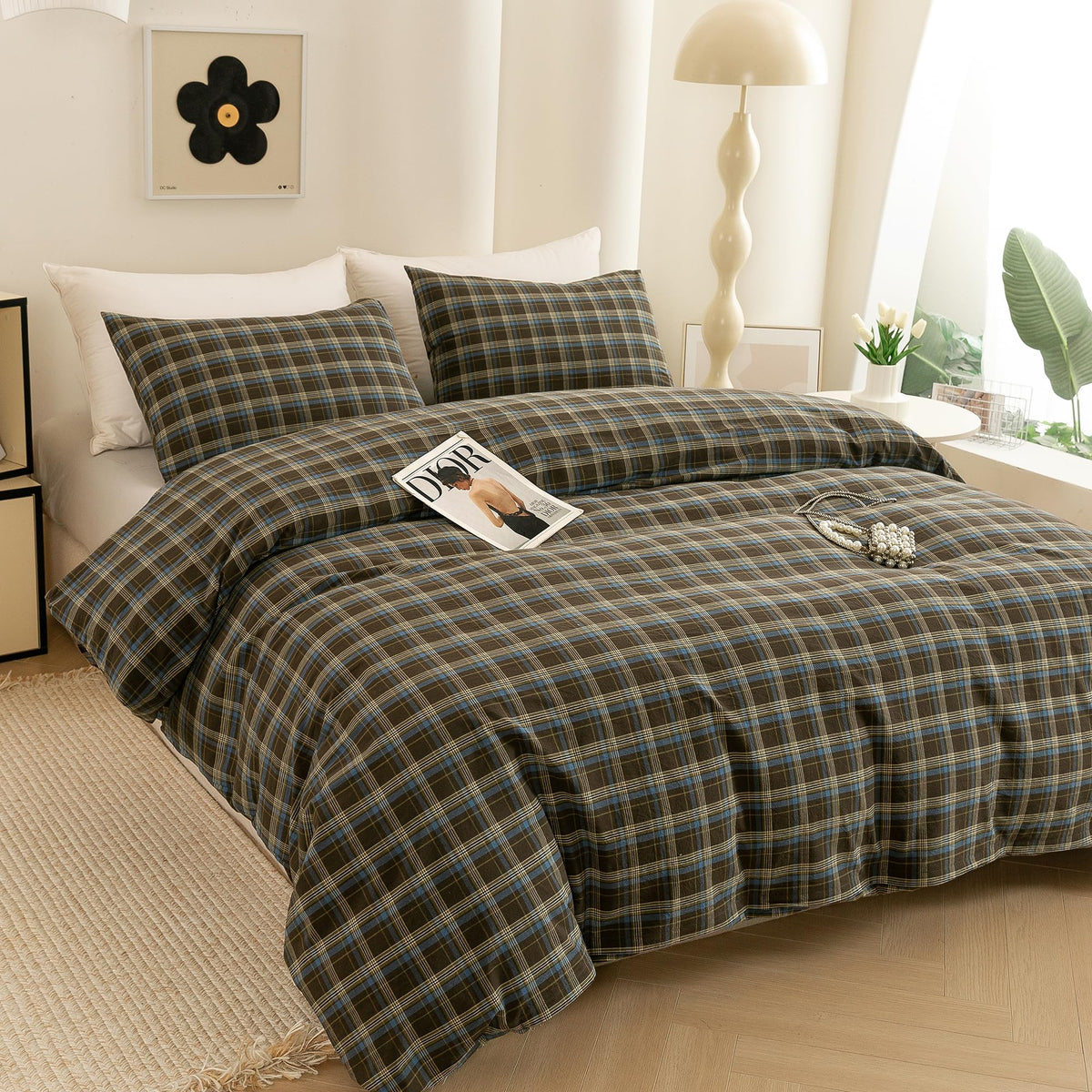 Cotton 3 Pcs Duvet Cover Set Linen Feel Brown & Blue Plaid King