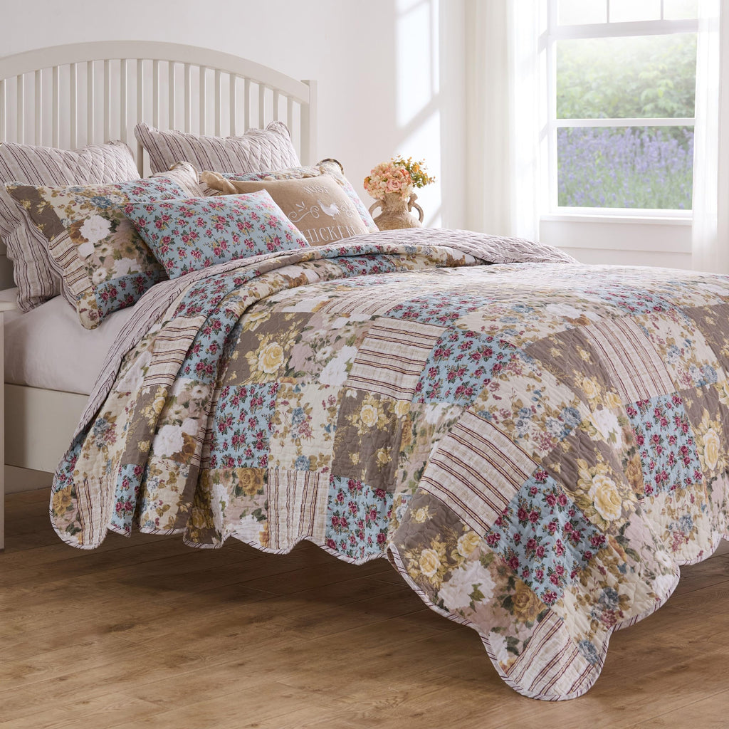 French Country Traditional Patchwork Style Cotton-Rich Quilt Set, 3-Piece, Multi