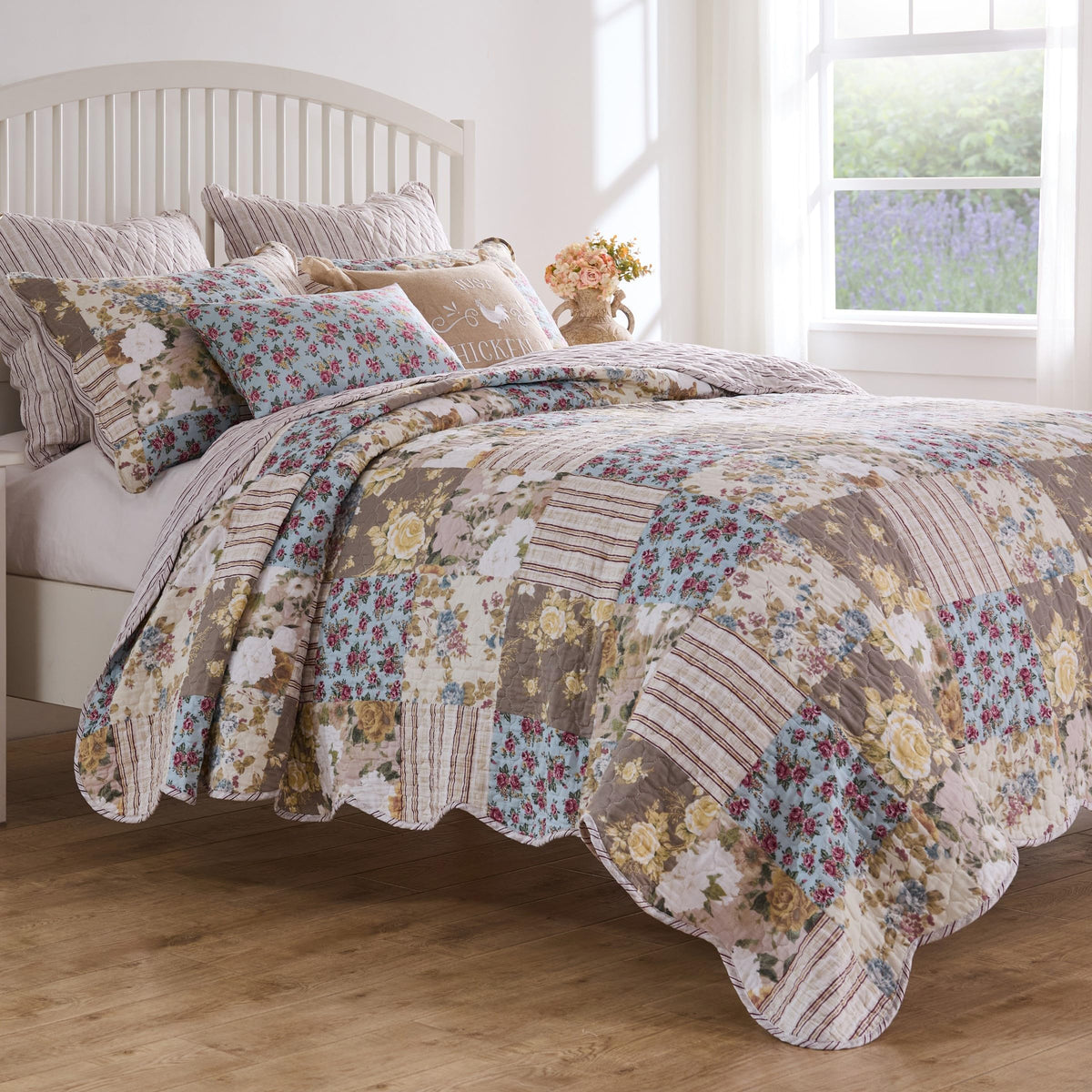 French Country Traditional Patchwork Style Cotton-Rich Quilt Set, 3-Piece, Multi
