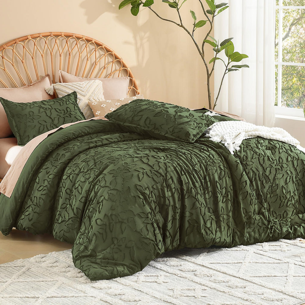 King Comforter Set, 3PCS Olive Green Boho Tufted Bedding