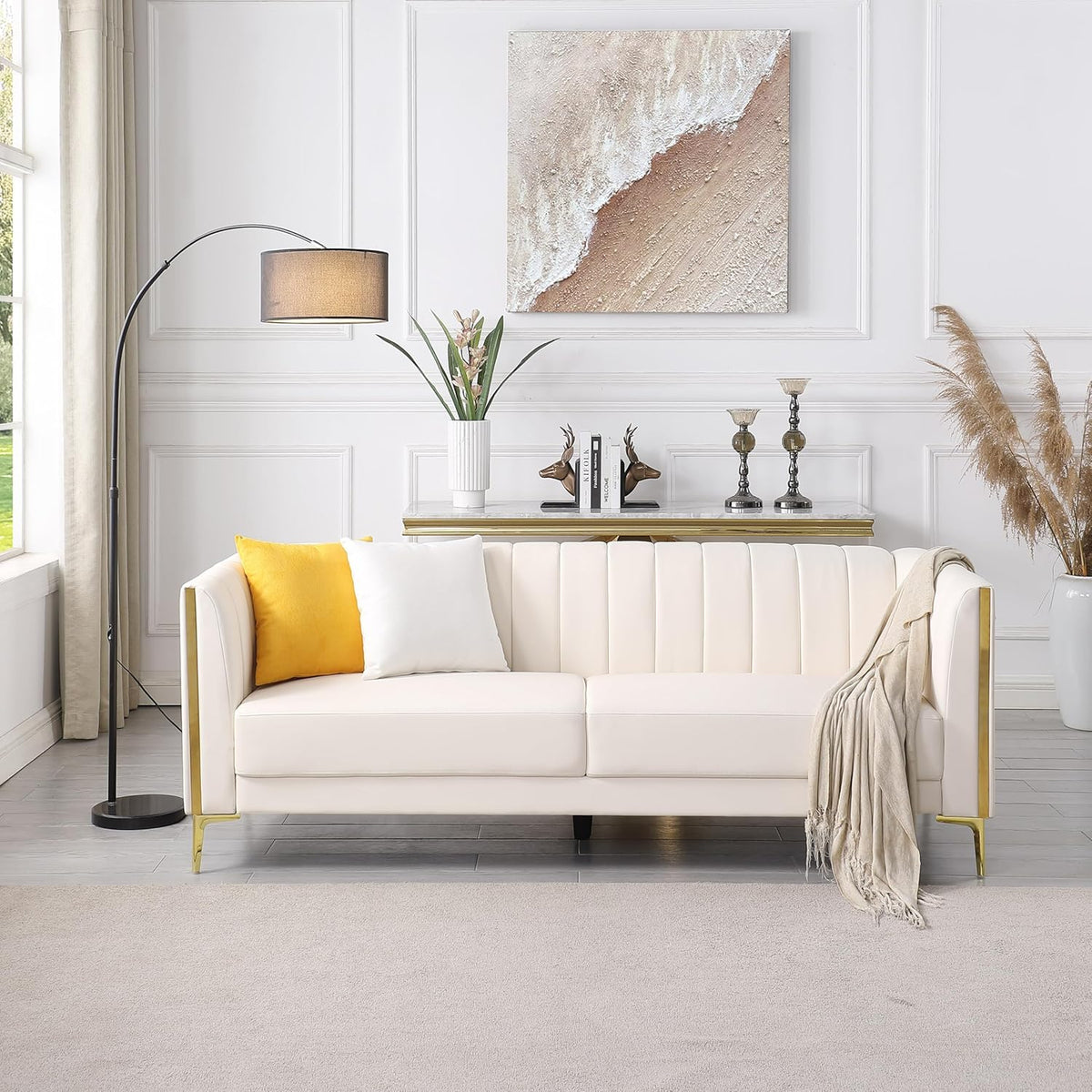 White Leather Couch Sofa, Office Couches 78'' Apartment Faux Leather Sofa with 2 Throw Pillows & Gold Metal