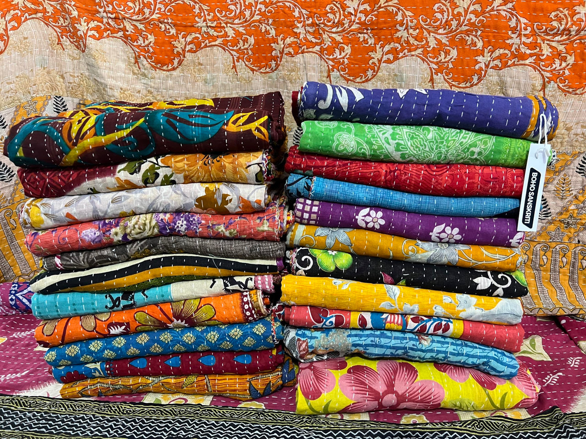 Vintage Bedspreads, Throws, Ralli, Lot Kantha Reversible Bedcover Bedspread Throw Cotton Blanket Gudari Kantha Quilt