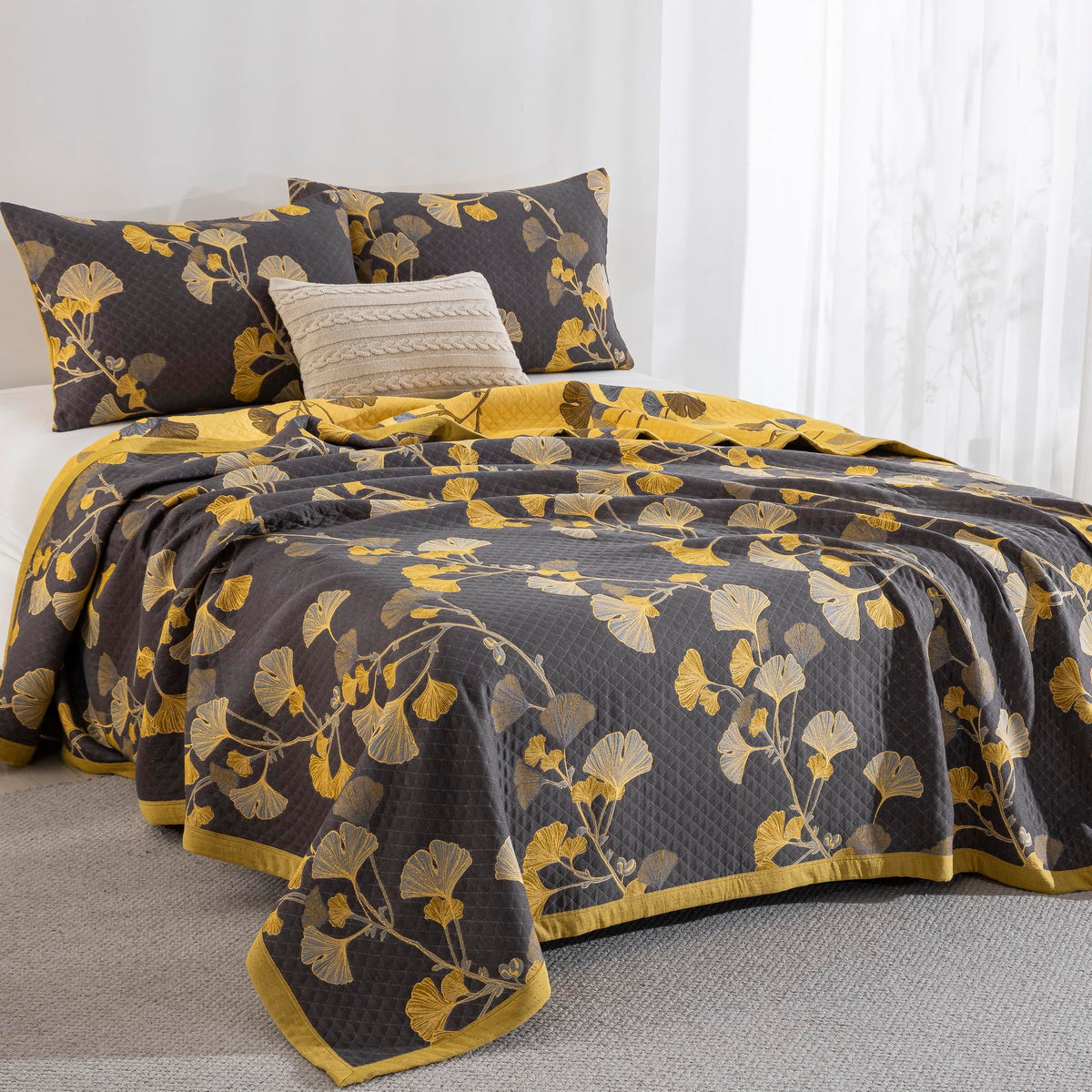 100% Cotton Muslin Jacquard 2 Piece Quilt Set Floral Ginkgo Leaf Print, Soft 3 Layers Gauze Bed Cover Reversible