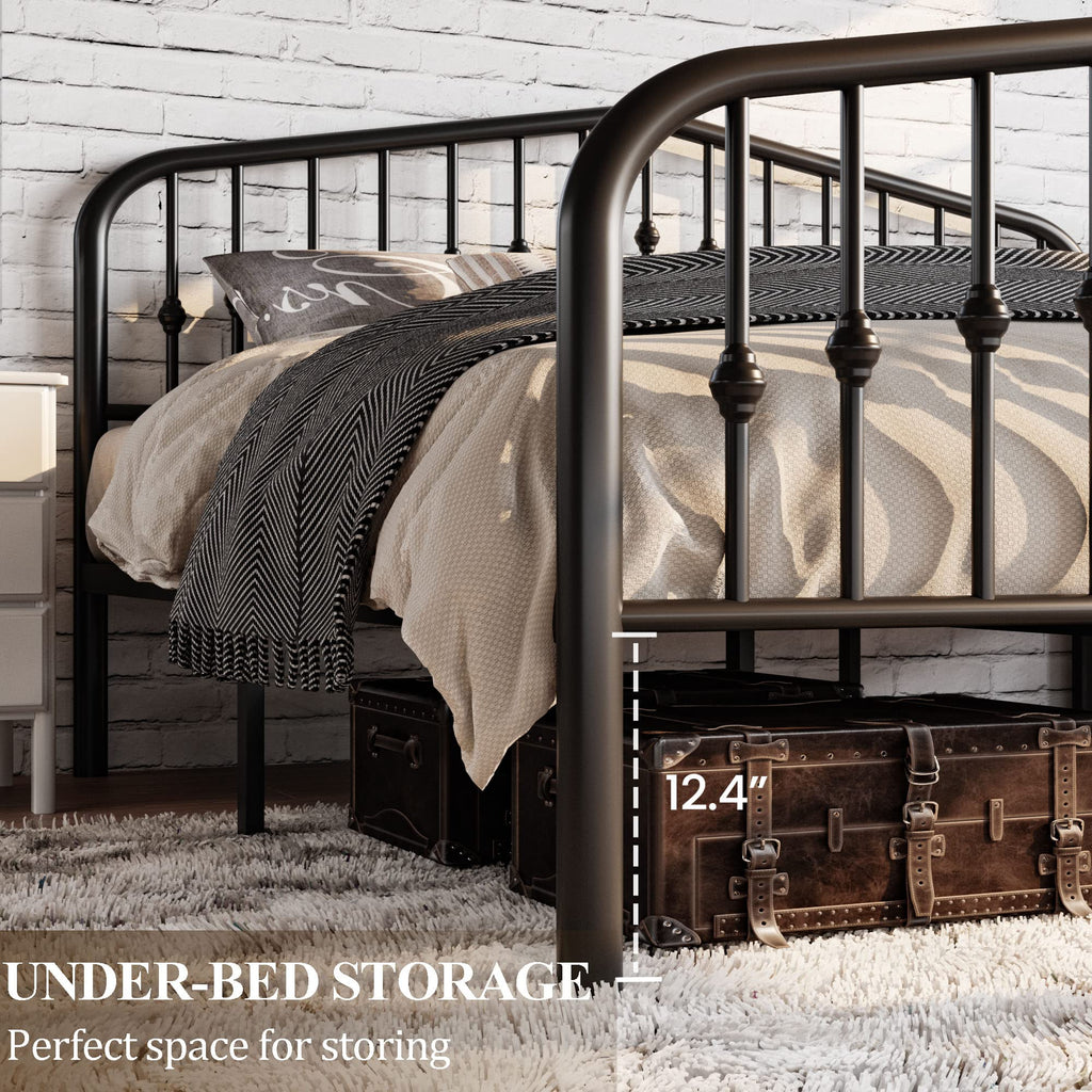 Metal Bed Frame with Wrought Iron-Art Headboard, Black