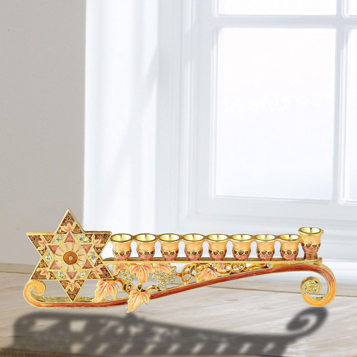 9.25 Inch Long Hand Painted Enamel Candelabra Embellished with a Star of David Design and Embellished with Gold
