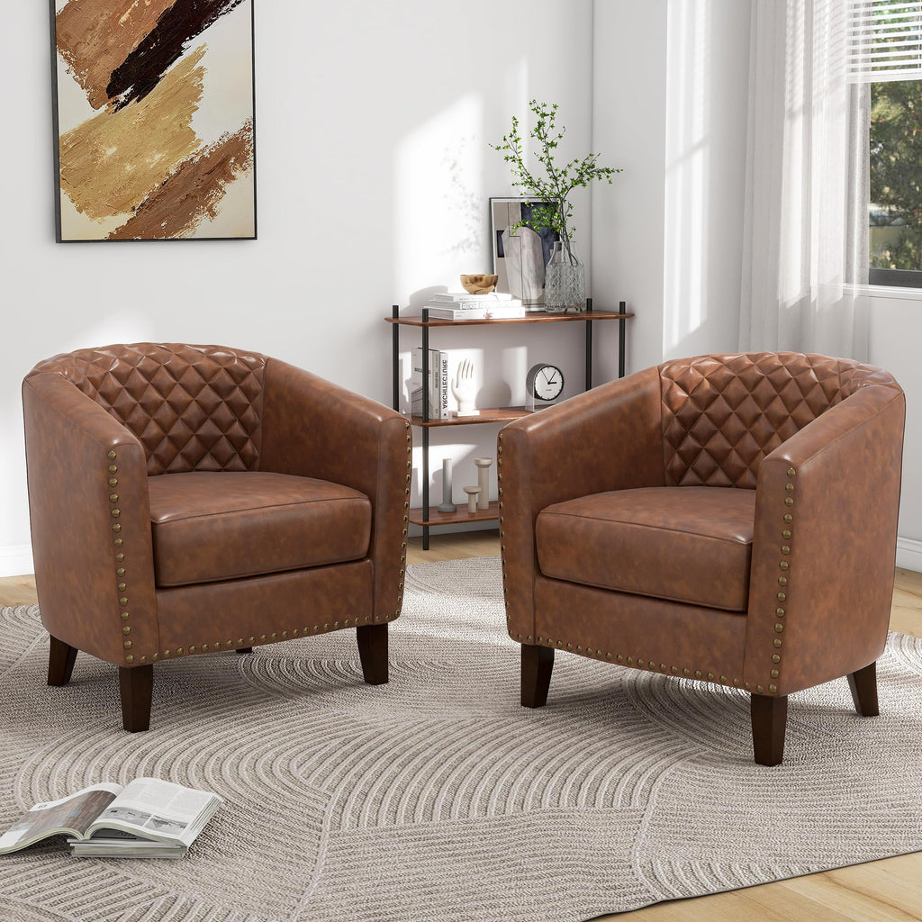 Set of 4 Faux Leather Barrel Accent Chair, Nailhead Trim & Solid Wood Legs, Brown