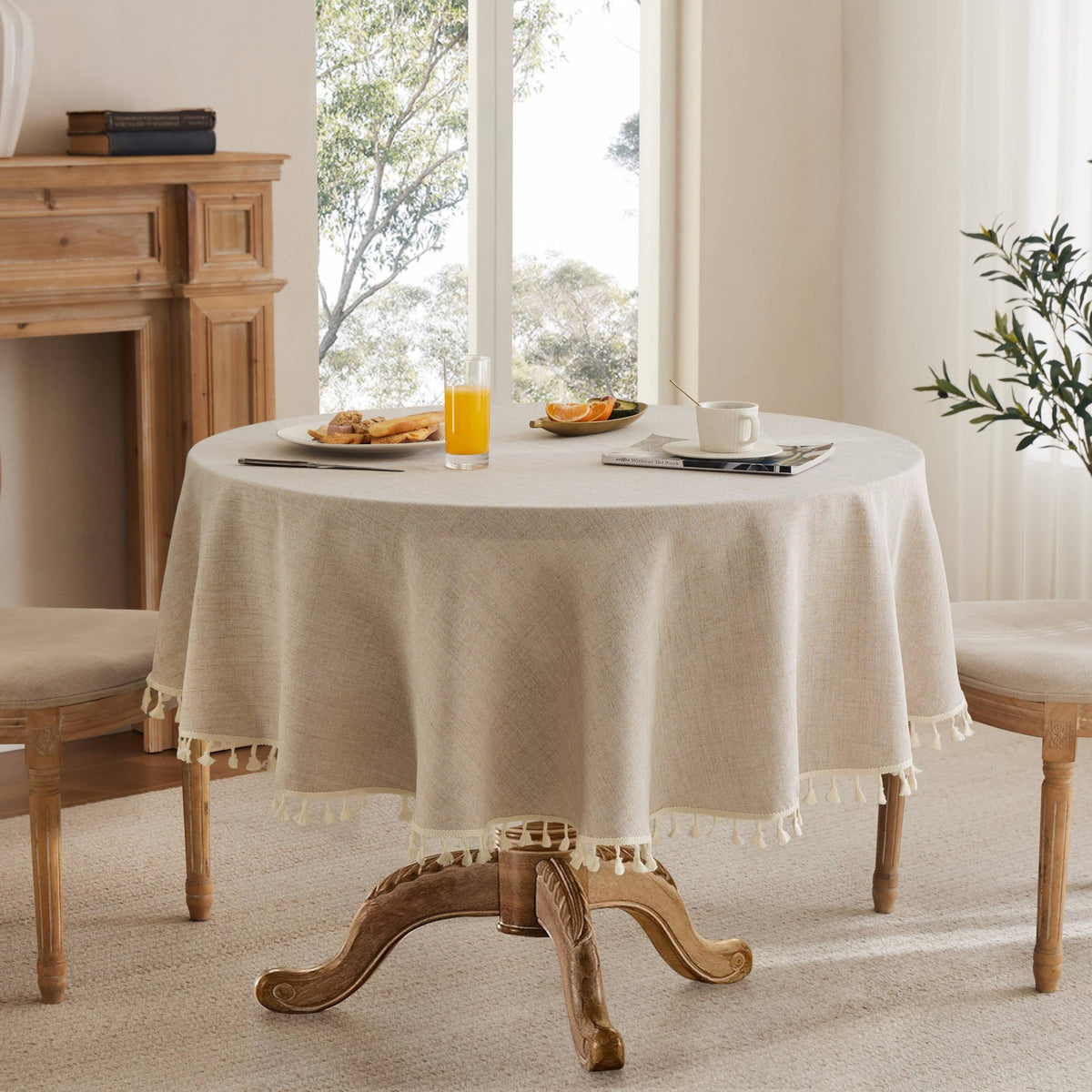Tassel Linen Round Table Cloth, Natural 60 Inch