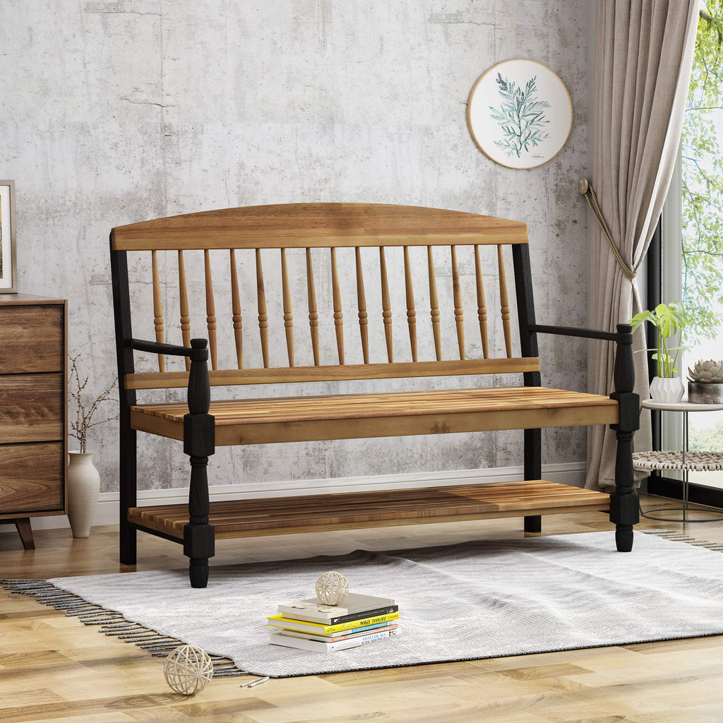 Eddie Indoor Farmhouse Acacia Wood Bench with Shelf, Teak and Black Finish