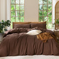 Bedding Duvet Cover Set 100% Washed Cotton Linen Like Textured Breathable Durable Soft Comfy (Solid Cocoa Brown