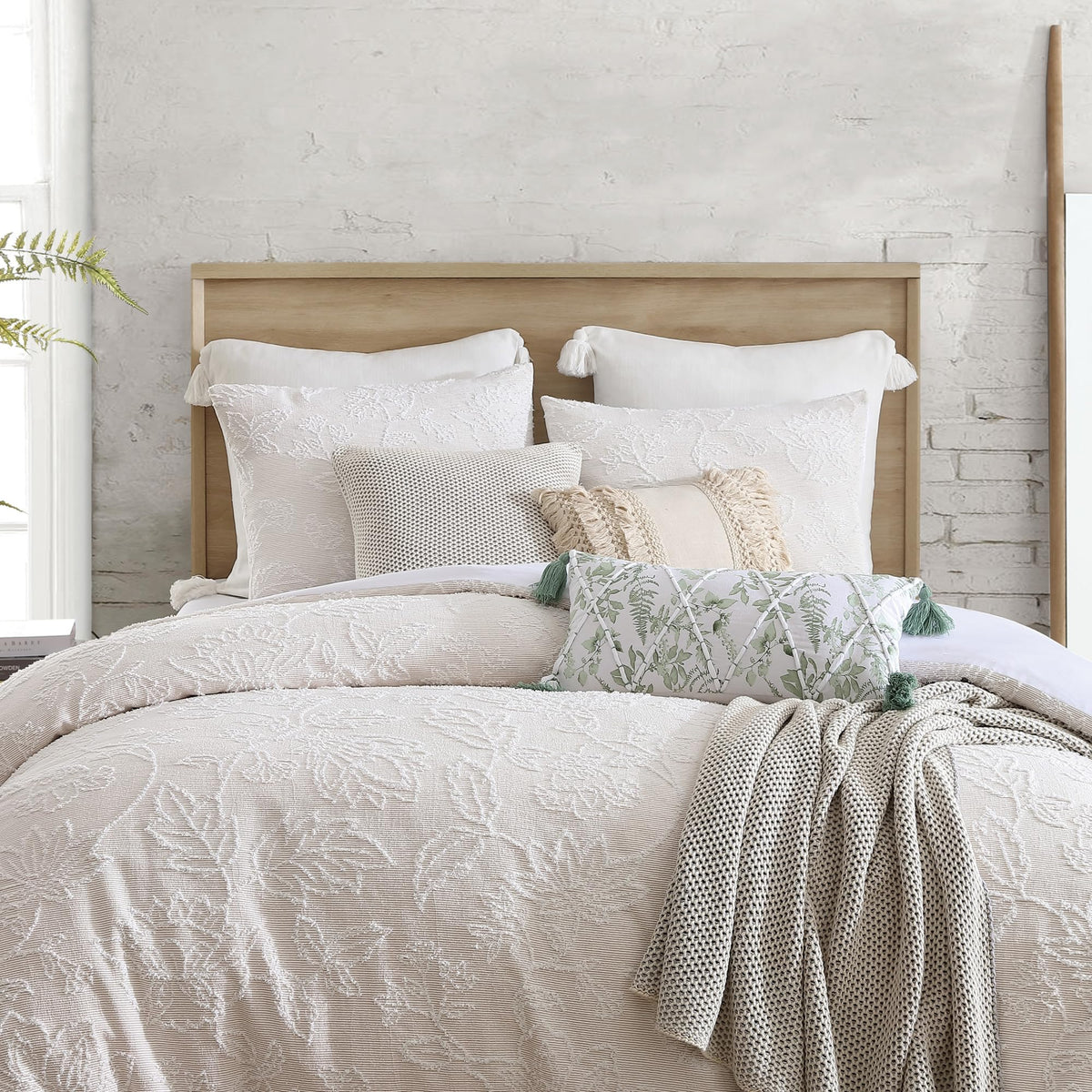 Folky Floral Jacquard Duvet Cover Sham Set Beige 3-Pc