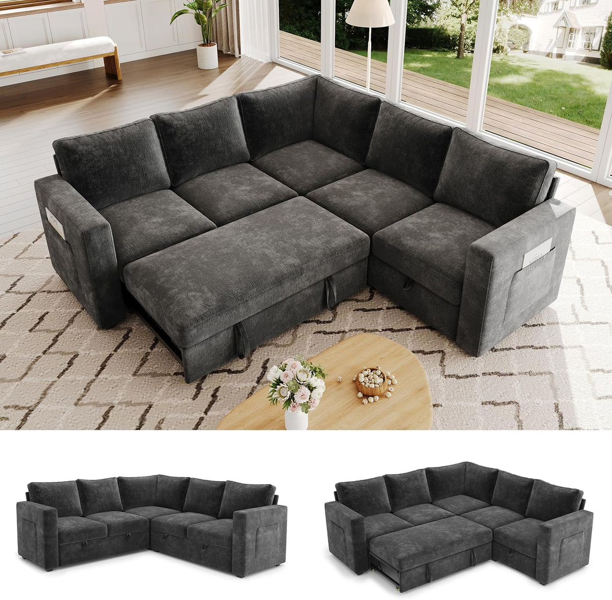 83.5" Sectional Sleeper Sofa with Pull Out Couch, Modern 5 Seat L Shaped Modular Couch
