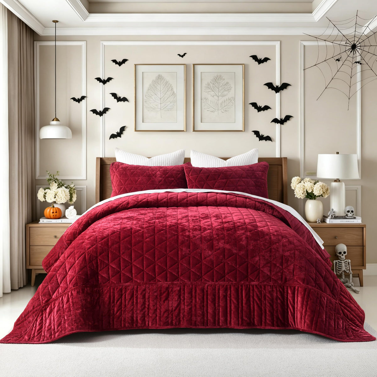 Burgundy Velvet Quilt, Comforter Set Wine Red Bedding Set (118"*118") with 2