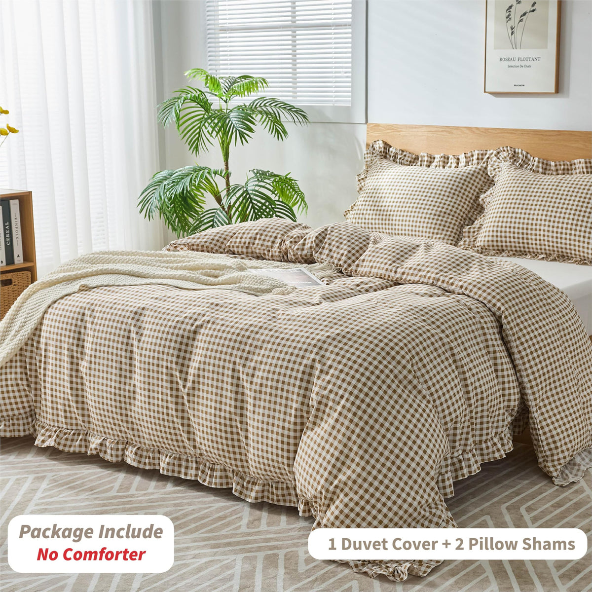 Gingham Duvet Cover, 3 Pieces Soft Breathable Microfiber Plaid Duvet Cover with Zipper Closure & 2 Pillow