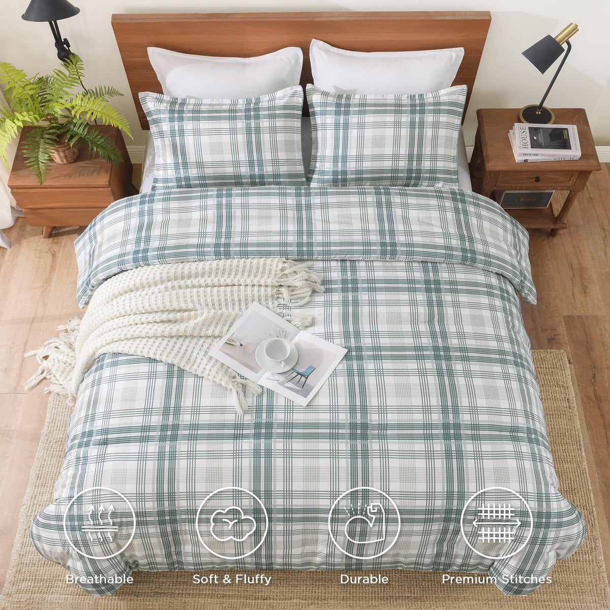 Blue Plaid Comforter Set, Gingham Checkered Grid Bedding Set