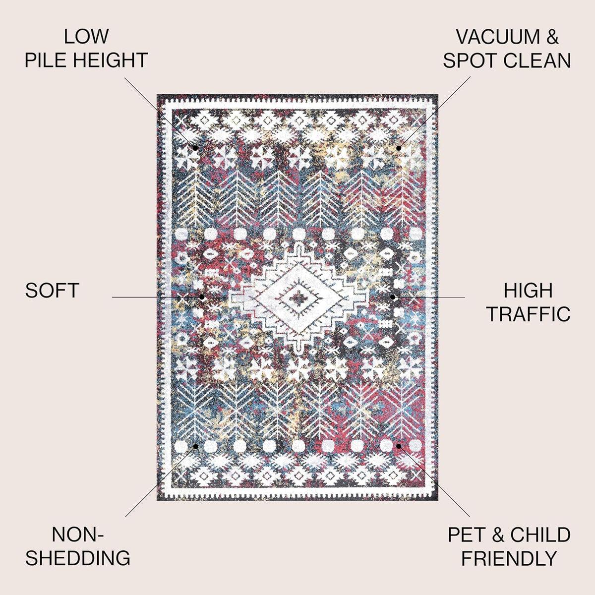 Dhiya Distressed Kilim Multi Indoor Area Rug, Bohemian, Vintage, Easy-Cleaning, Pet Friendly, Non-Shedding