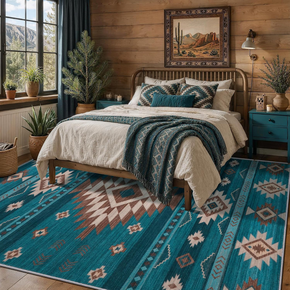 Southwest Teal Rugs, Large Machine Washable Soft Non-Slip Aztec Rug, Low-Pile Non-Shedding Foldable Dining Floor