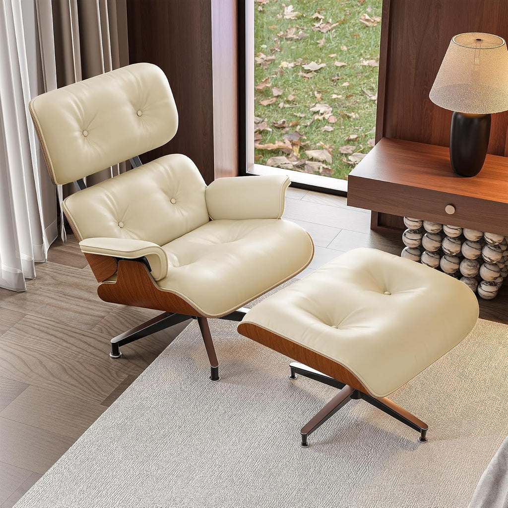 Inspired Eames Style Lounge Chair and Ottoman — Cream Bonded Grain Leather, Walnut Base, Tall Back