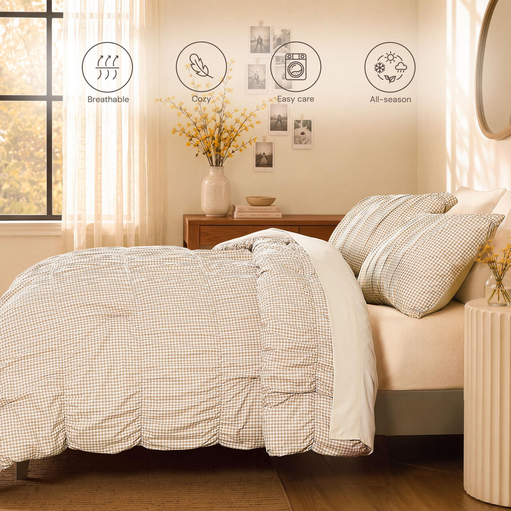 Tan Gingham Comforter Sets - 3 Pieces Ruched Bedding