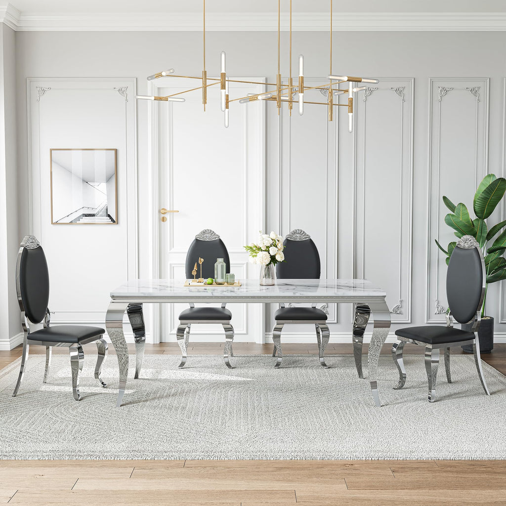 Modern Marble Dining Table Set of 7, 70" Faux Marble Kitchen Table with 6 Leather Upholstered Chairs, White Marble
