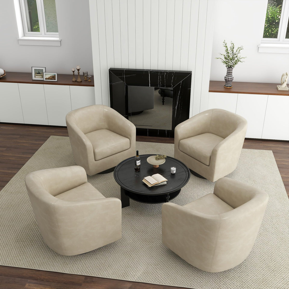 Faux Leather Swivel Accent Chairs Set of 4, Barrel Armchair, Cream