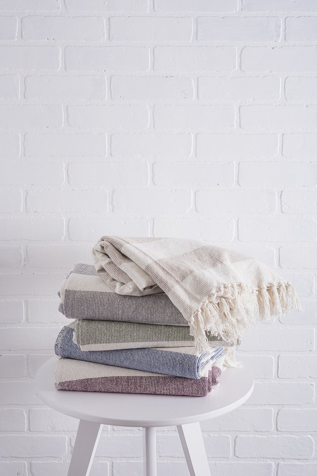 Rustic Farmhouse Cotton Cabana Striped Blanket Throw with Fringe, 50 x 60 - Cabana Striped Off-White with French Blue