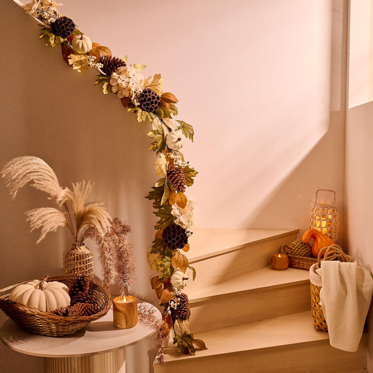 DecorbyHannah 6ft Fall Garland for Mantle with Lights &Pumpkin Maple Leaves