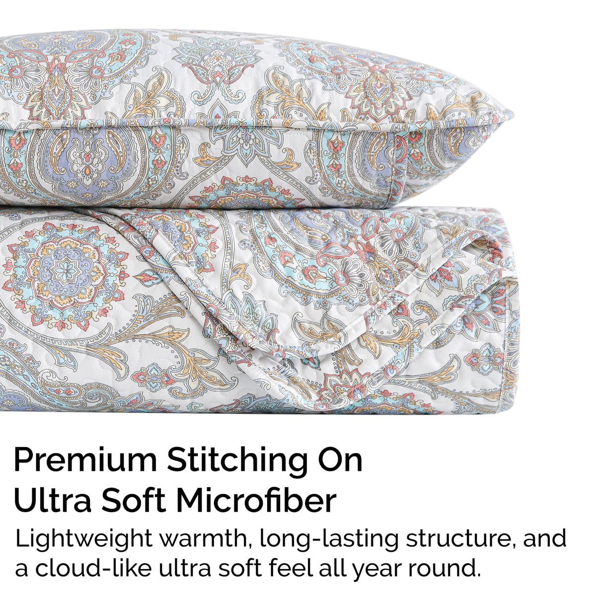 Oversized Queen Quilt Set w/ 2 Quilted Pillow Shams, Aqua Paisley Bedspread