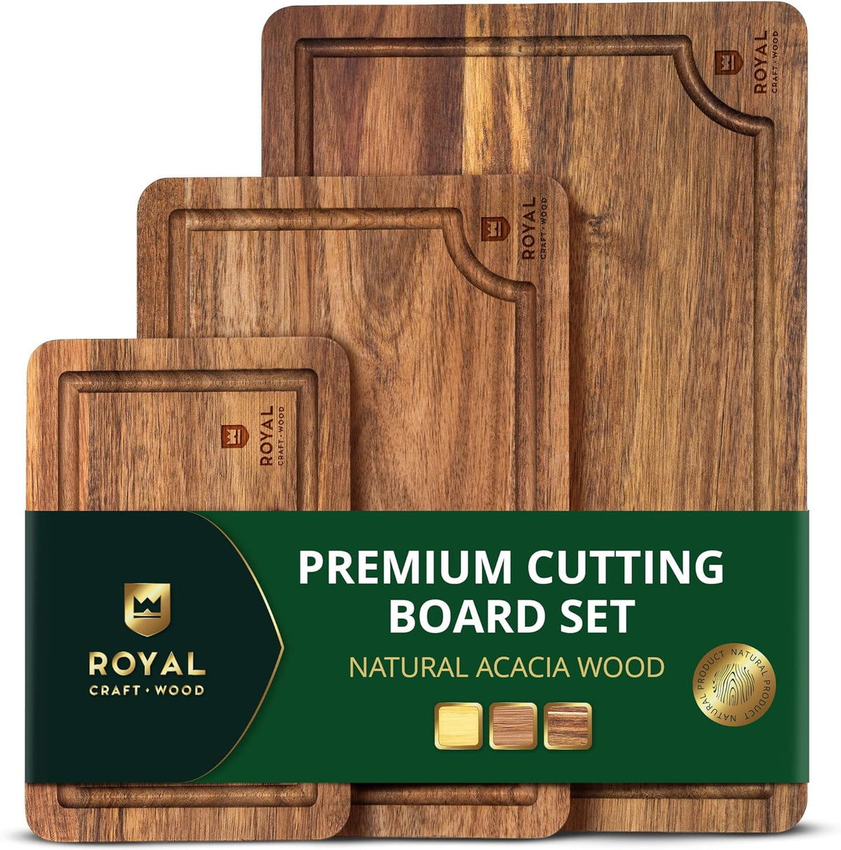 Wooden Cutting Boards Meal Prep & Serving - Bamboo Wood Serving Board Set with Deep Juice Groove Side Handles