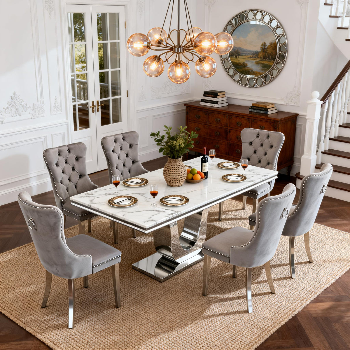 Faux Marble Dining Table Set for 6, Modern Kitchen Table Chairs Set of 6