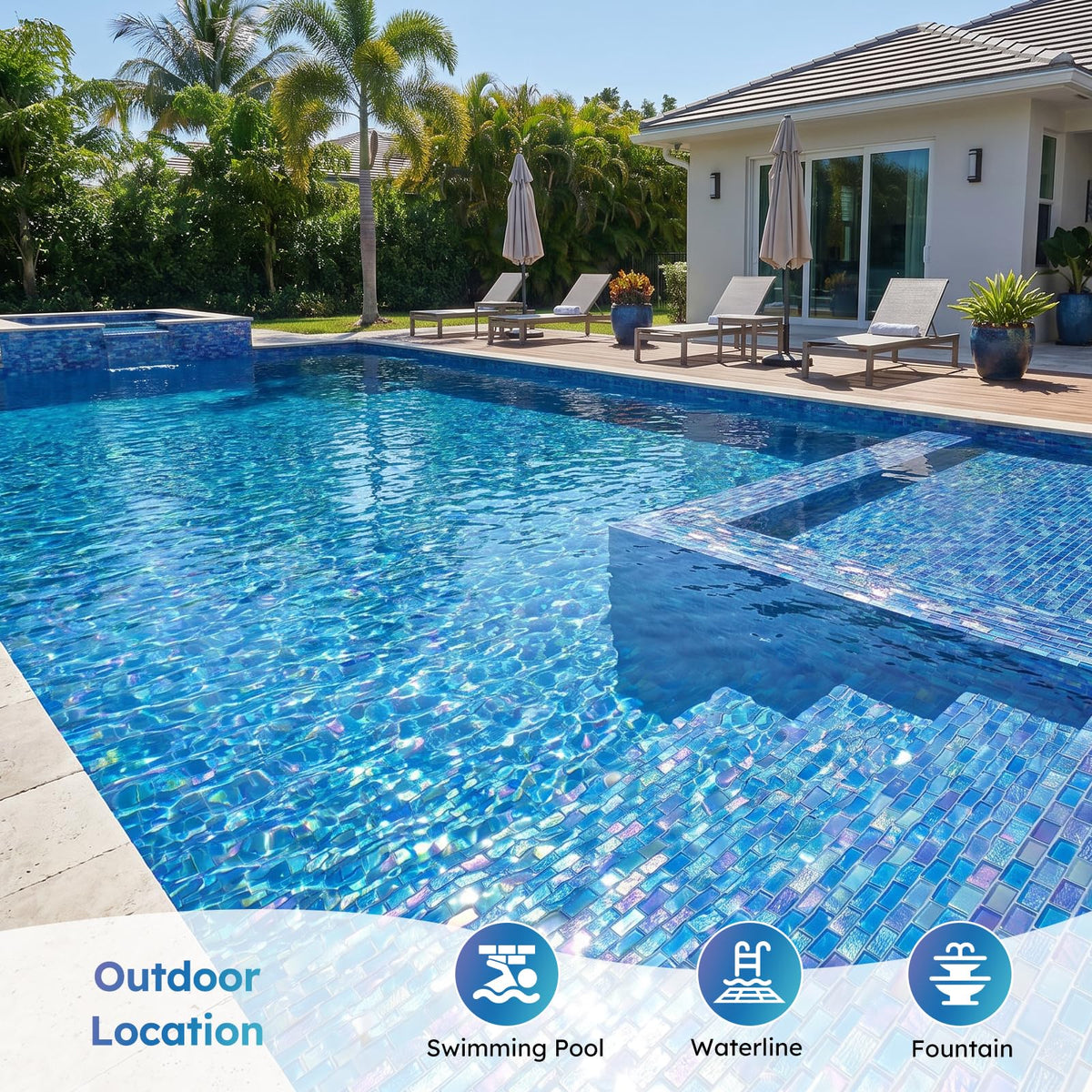 Pool Glass Mosaic Tiles, Iridescent Blue, 1x2 Inch Brick, 5 Sheets