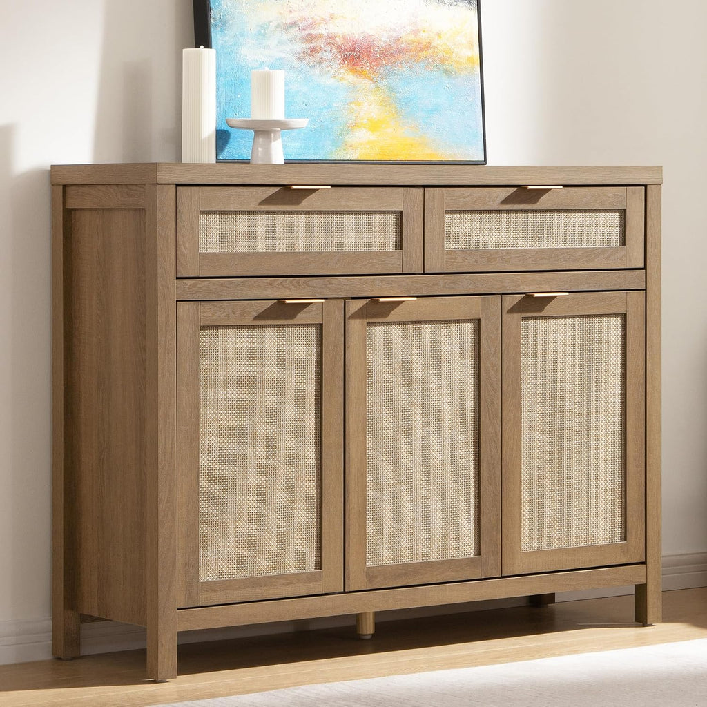 Rattan Sideboard Buffet Cabinet with Storage, Boho Credenza Accent | Storage Cabinet with 3 Doors and 2 Drawers