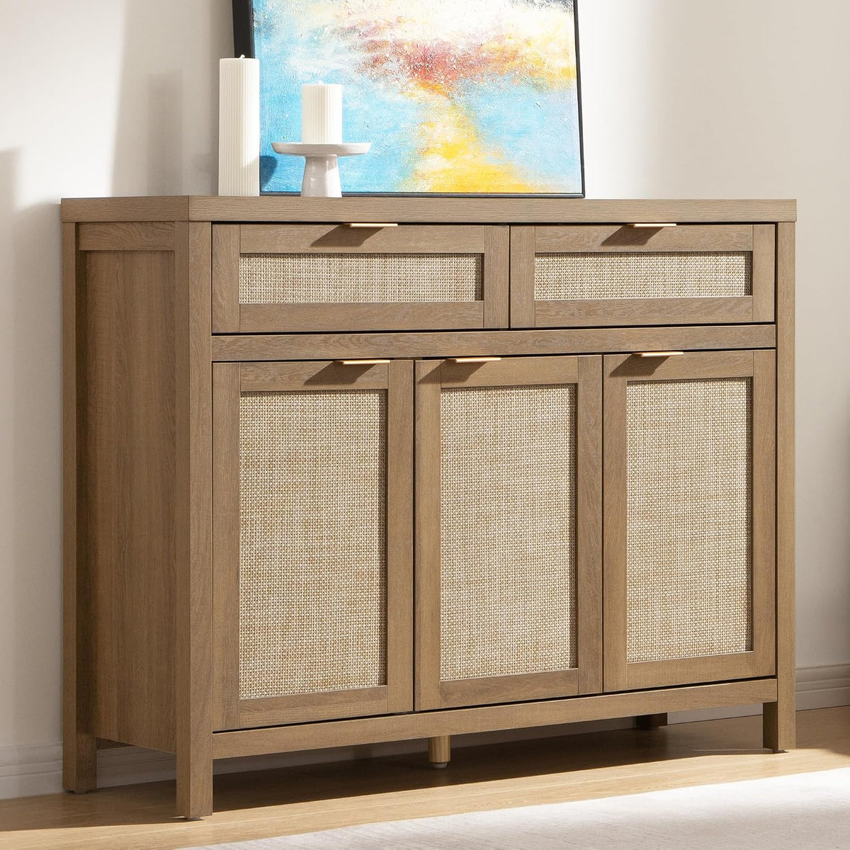 Rattan Sideboard Buffet Cabinet with Storage, Boho Credenza Accent | Storage Cabinet with 3 Doors and 2 Drawers