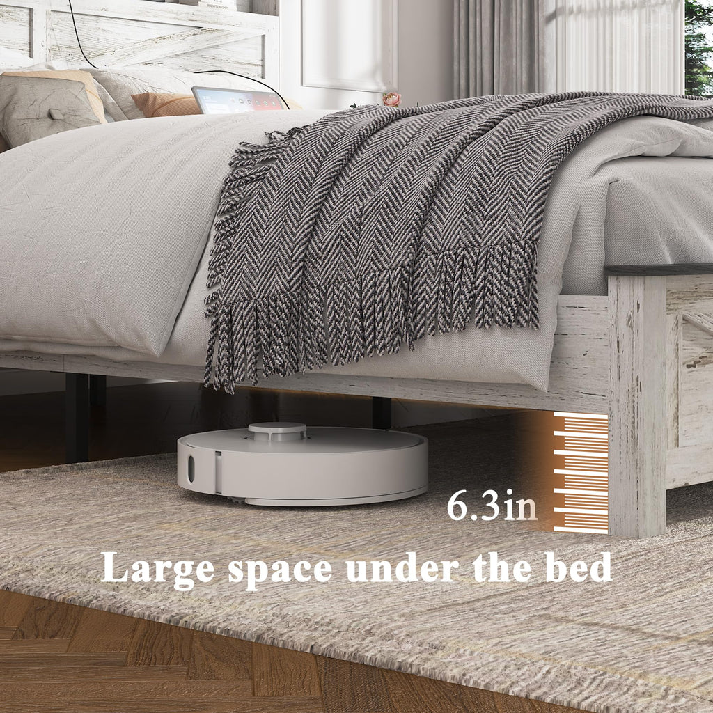 Farmhouse Wooden Bed Frame with Storage Headboard