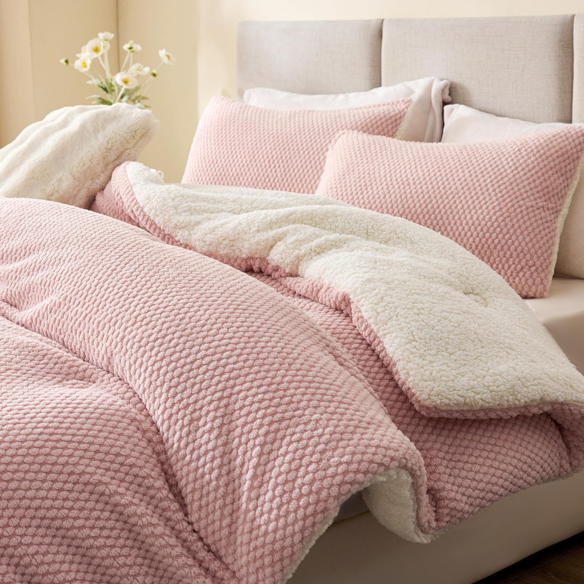 Plaid Tafu Comforter Set 3 Pieces, Dusty Pink&White