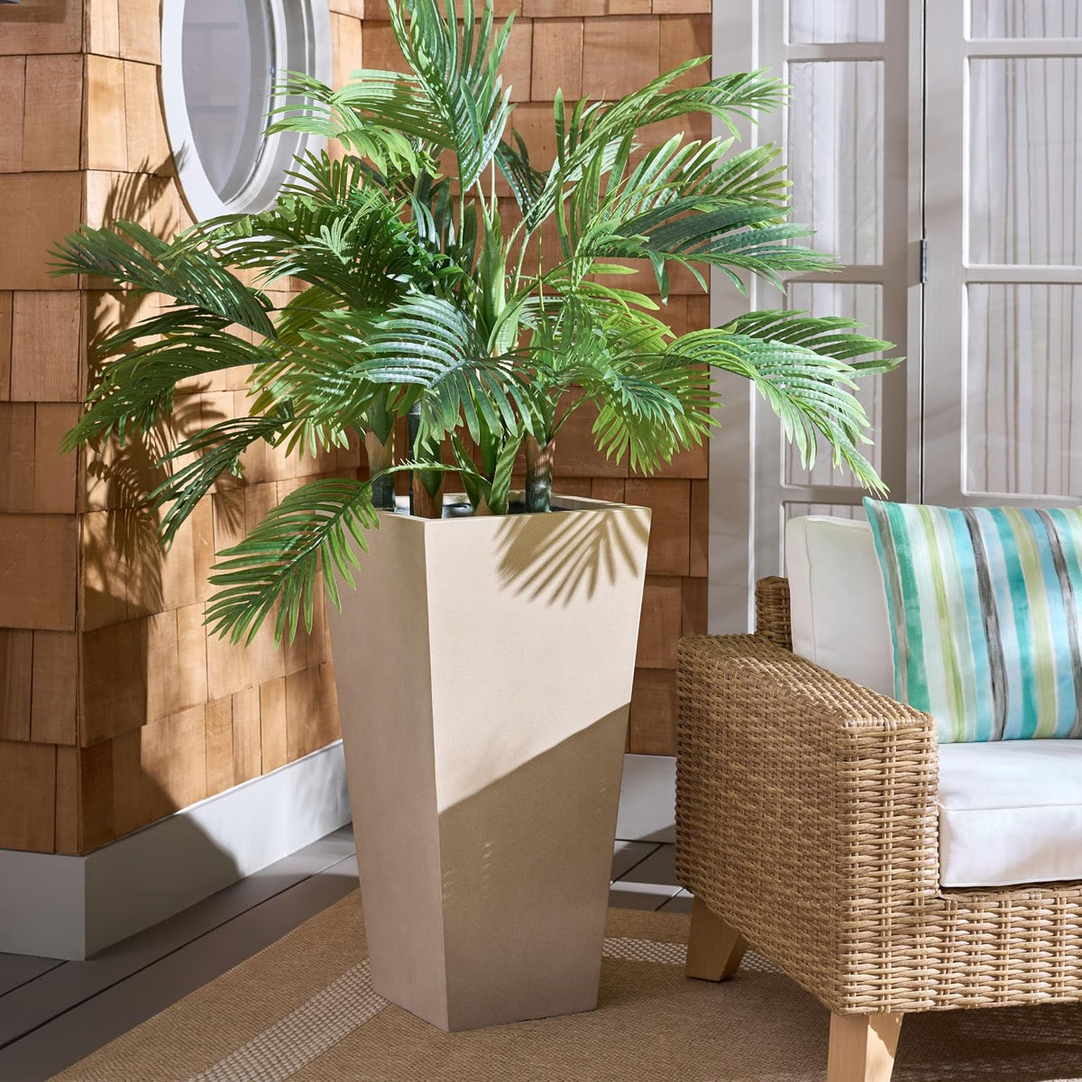 Outdoor Patio Furniture Collection - Paloma Large Beige Pedestal Planter, Fully Assembled Ficonstone Outdoor Planter
